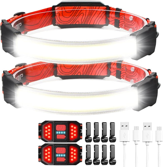 Led Headlamp Rechargeable, 1200LM Headlamp with Power Indicator & 230°Wide-Angle, Super Bright Headlight with Red Taillight & 8 Clip, 3 Mode, Waterproof Lightweight Head Lamp for Hiking Running 2 Pack