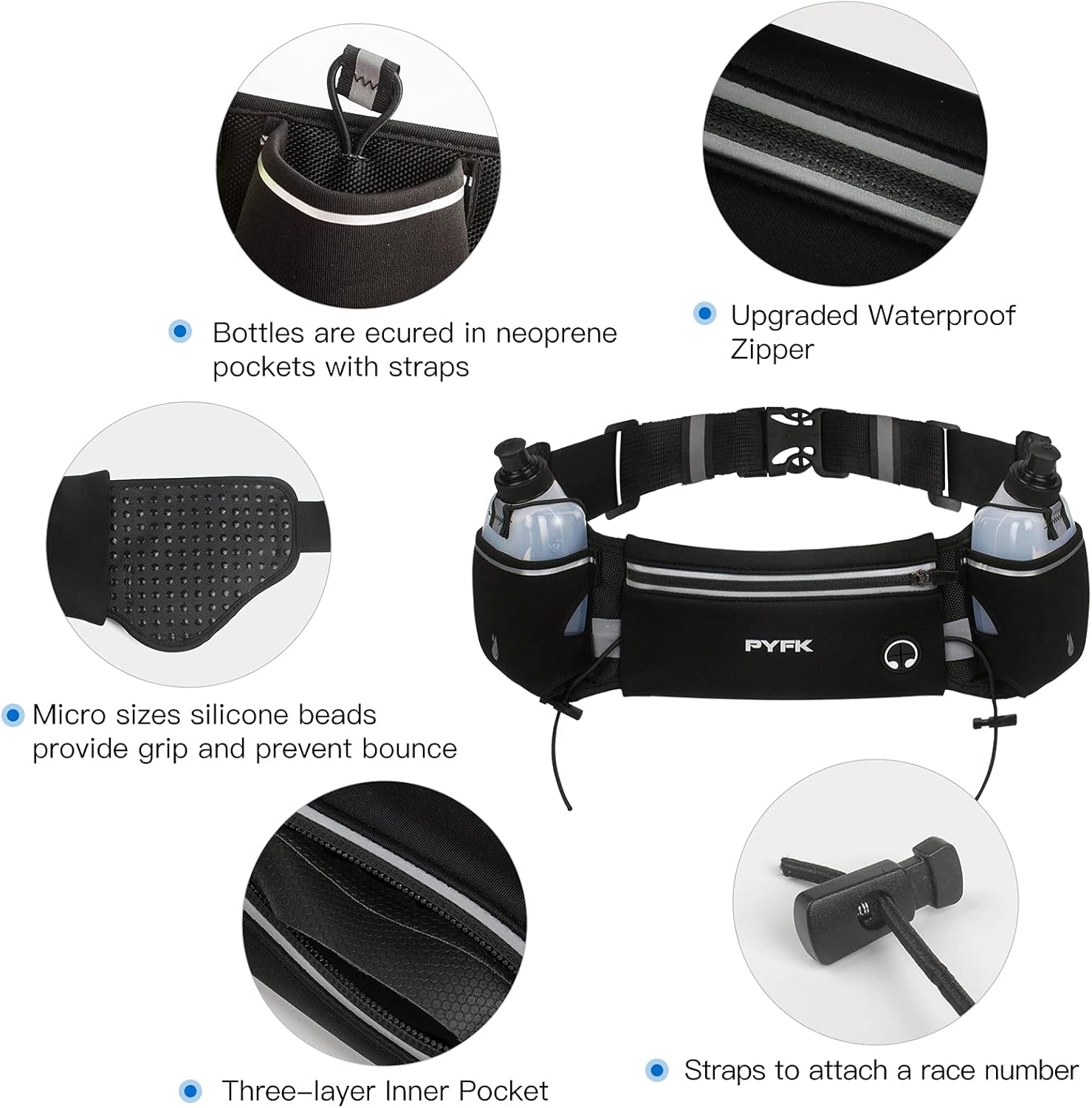 Upgraded Running Belt with Water Bottles, Hydration Belt for Men and Women, Water Bottle Holder Running Pouch Belt, Fanny Pack Fits 7 Inches Phones, Waist Pack for Running Hiking Climbing