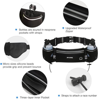 Upgraded Running Belt with Water Bottles, Hydration Belt for Men and Women, Water Bottle Holder Running Pouch Belt, Fanny Pack Fits 7 Inches Phones, Waist Pack for Running Hiking Climbing